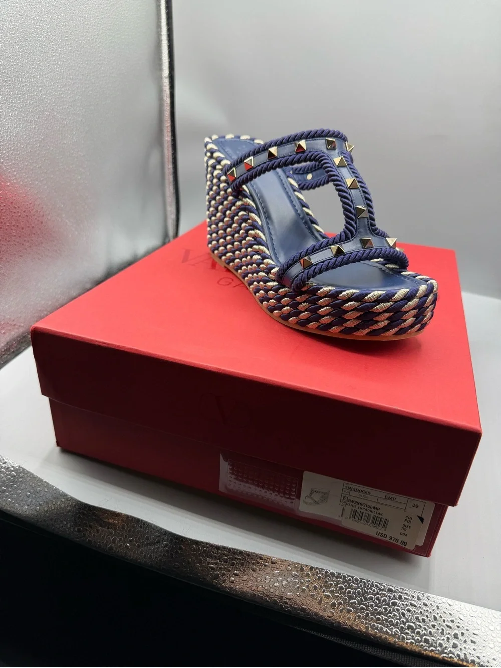Valentino Blue Rope Wedge Sandals with Stud Detailing
